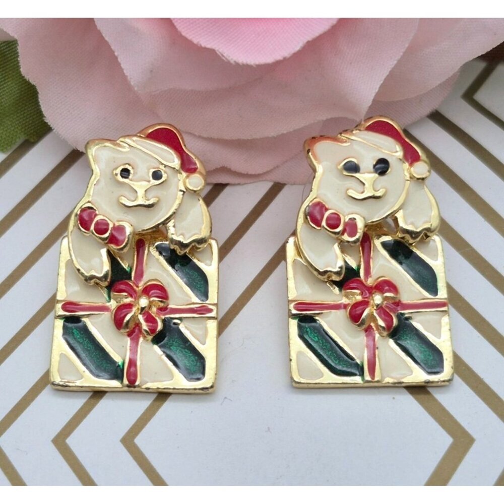 AIM CHRISTMAS Earrings 3-D Rotatable Kittens On Presents Enamel 1" Pierced